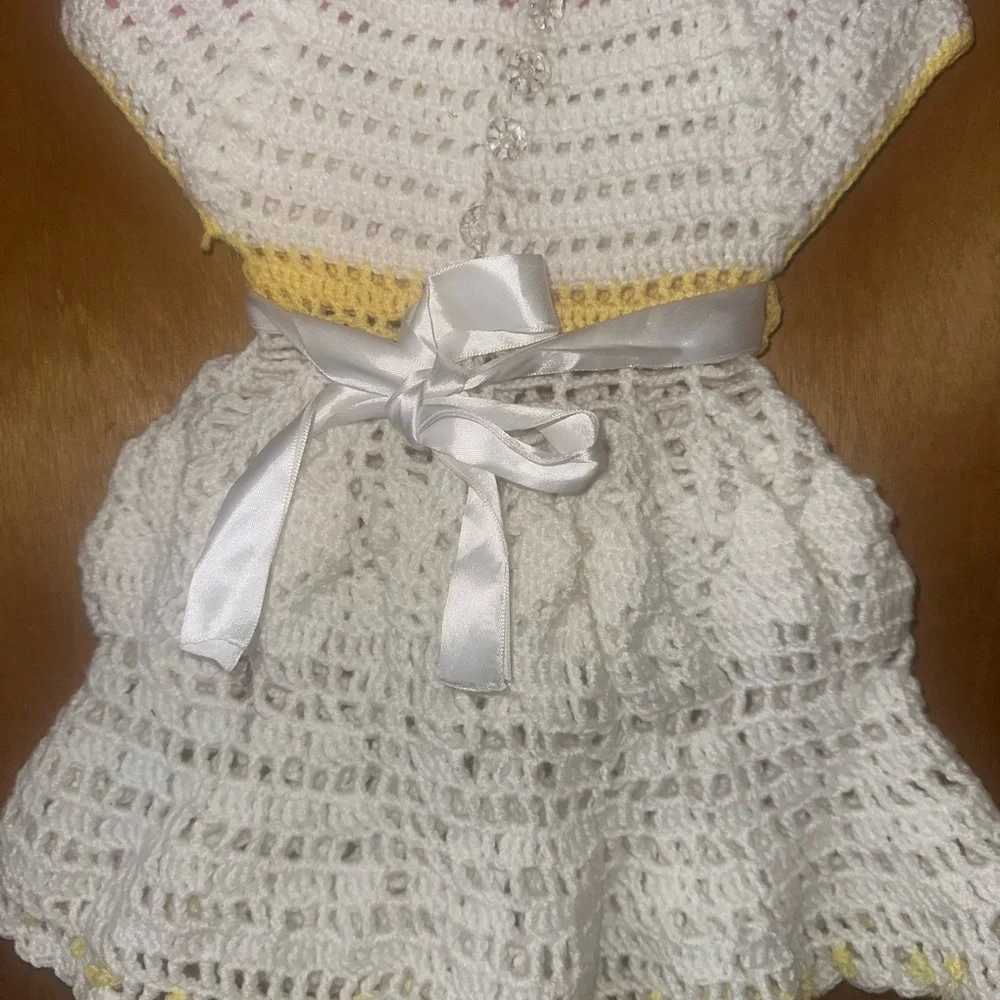 Handmade Crochet Kids Dress - White and Yellow